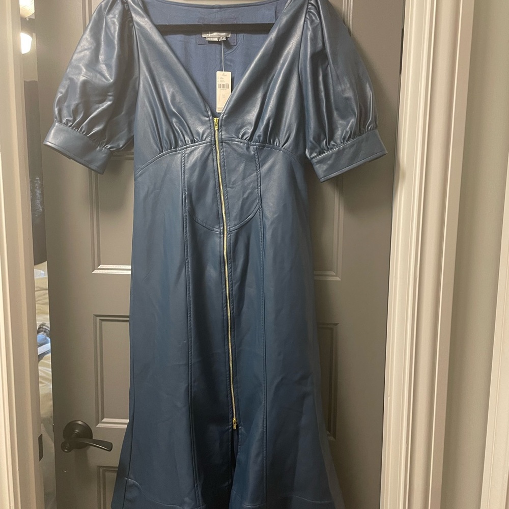 Anthropologie faux leather Blu Midi Dress gold zipper 10 NWT slight imperfection